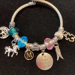 Silver Charm Bracelet with Blue and Pink Beads